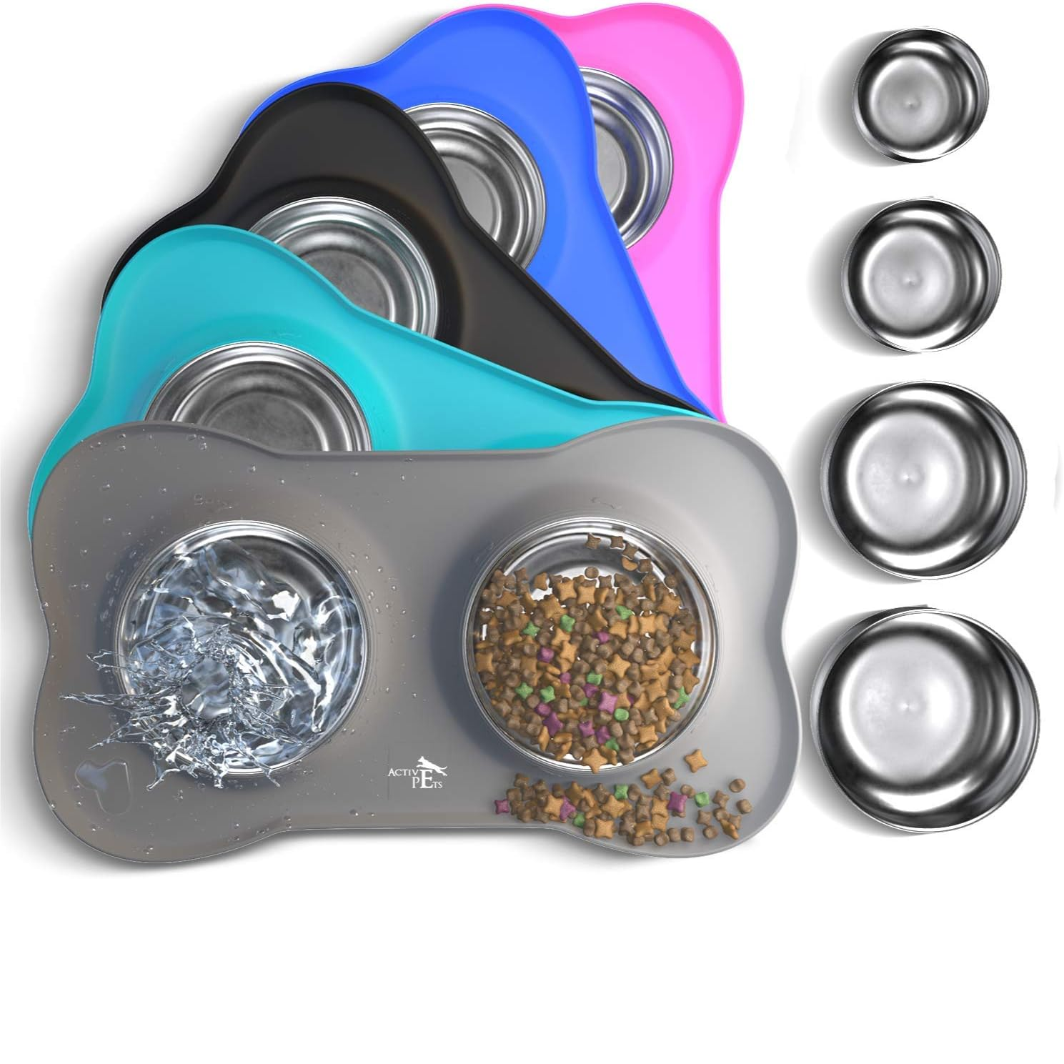 Stainless Steel Dog Bowl Set with No-Spill Design and Skid-Resistant Silicone Mat for Small, Medium, and Large Dogs