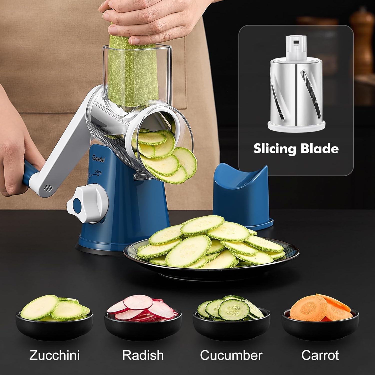 Rotary Cheese Grater, Kitchen Mandoline Vegetable Slicer with 3 Interchangeable Blades, Easy to Clean Rotary Grater Slicer for Cheese, Vegetables, Nuts