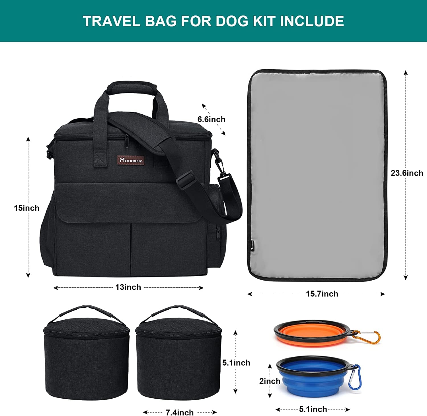 Dog Travel Bag - Comprehensive Travel Kit for Pets, Featuring Organizer, 2 Collapsible Bowls, and 2 Food Containers (Black)