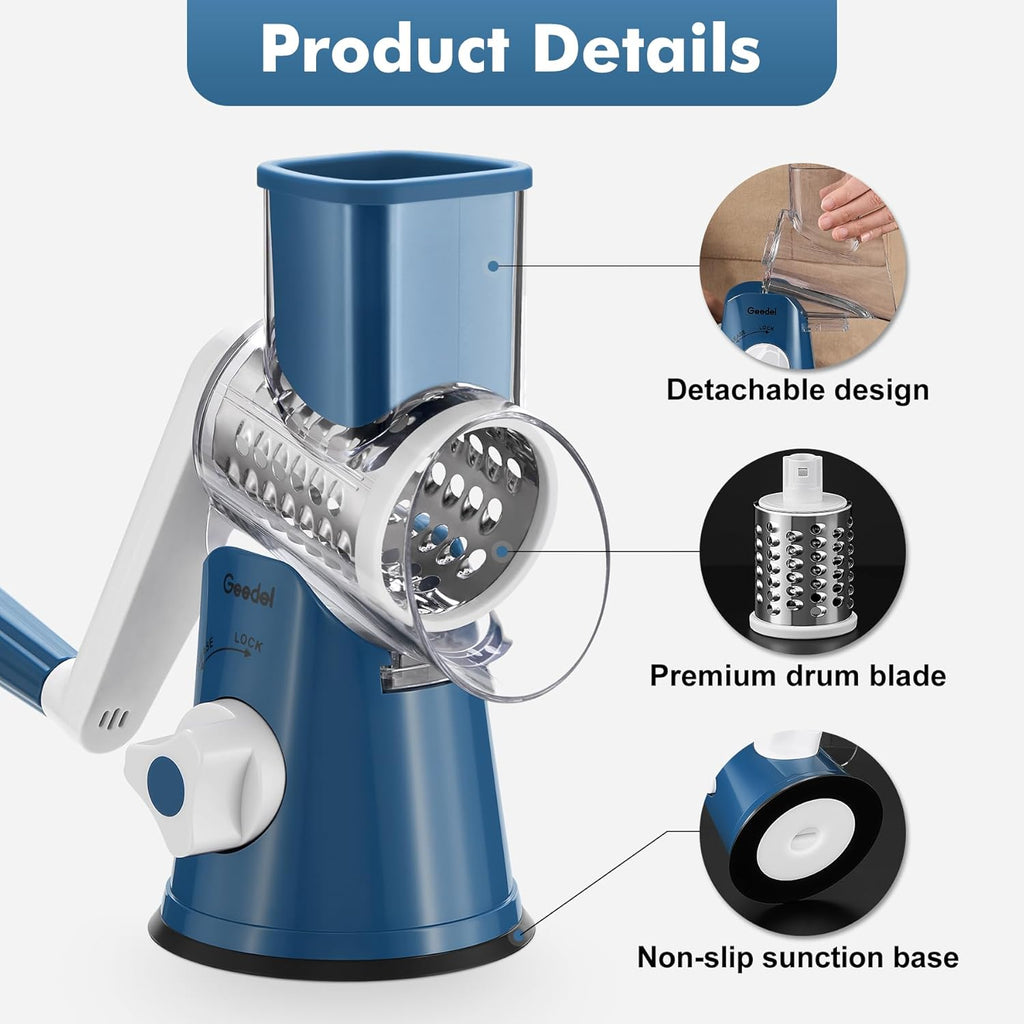 Rotary Cheese Grater, Kitchen Mandoline Vegetable Slicer with 3 Interchangeable Blades, Easy to Clean Rotary Grater Slicer for Cheese, Vegetables, Nuts