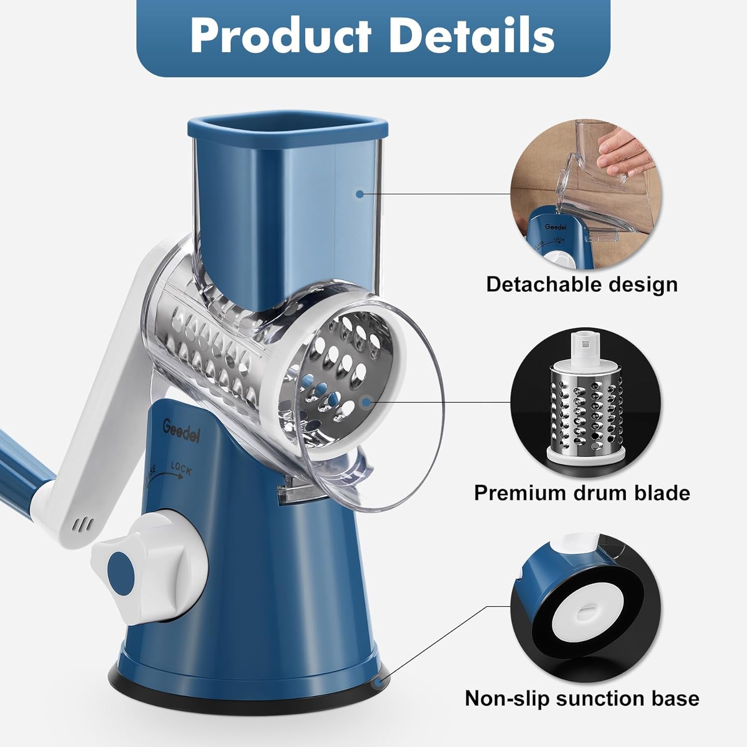 Rotary Cheese Grater, Kitchen Mandoline Vegetable Slicer with 3 Interchangeable Blades, Easy to Clean Rotary Grater Slicer for Cheese, Vegetables, Nuts