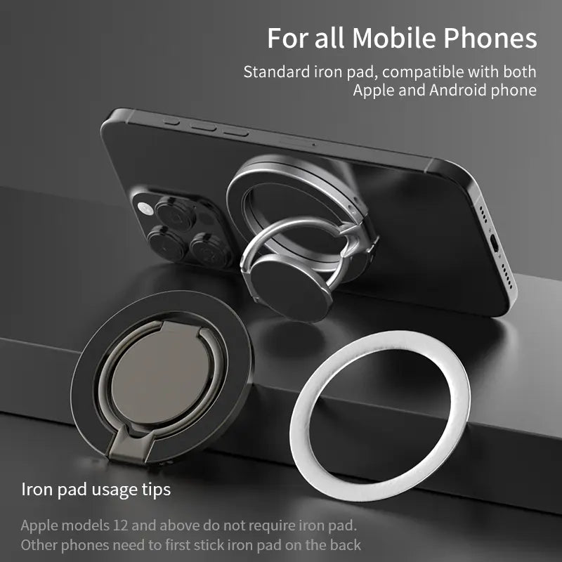 Magnetic Metal Phone Ring Holder/Grip & Stand 360° Rotation & Foldable Design, All-In-One Multi Use Perfect for Car Navigation, Desk Work, Outdoor Travel, Workout & Viewing Sturdy, Portable with Strong Magnetic Ring