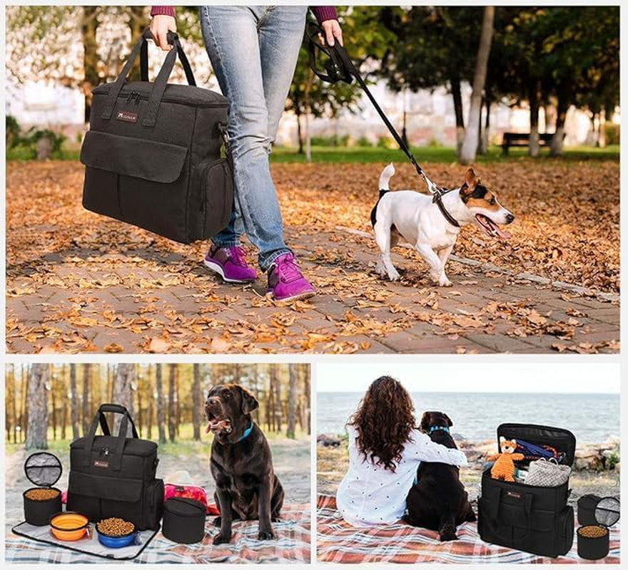 Dog Travel Bag - Comprehensive Travel Kit for Pets, Featuring Organizer, 2 Collapsible Bowls, and 2 Food Containers (Black)
