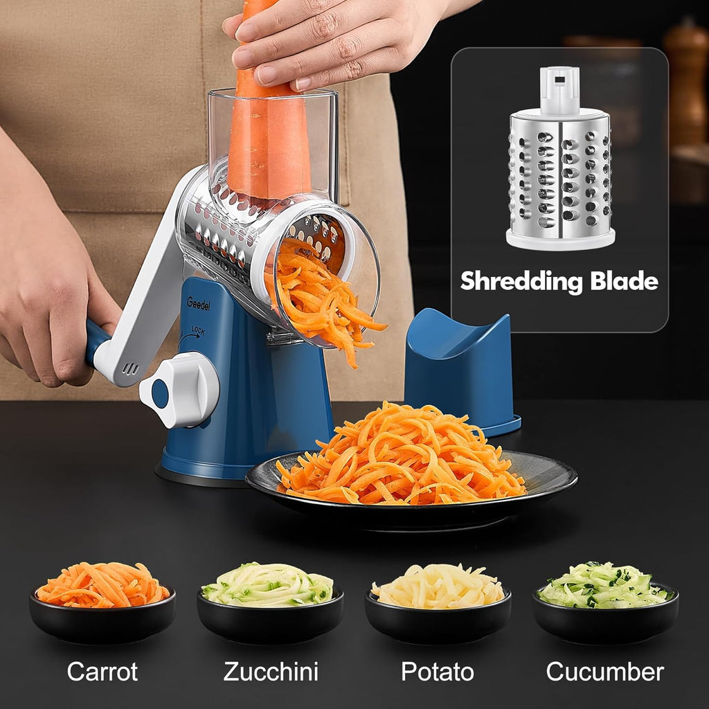 Rotary Cheese Grater, Kitchen Mandoline Vegetable Slicer with 3 Interchangeable Blades, Easy to Clean Rotary Grater Slicer for Cheese, Vegetables, Nuts