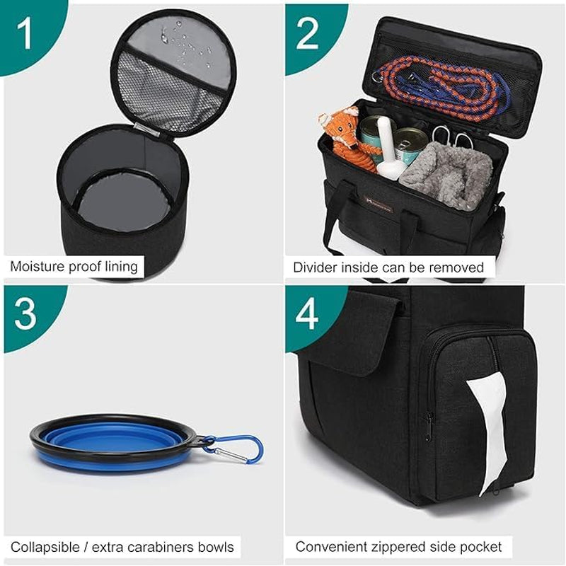 Dog Travel Bag - Comprehensive Travel Kit for Pets, Featuring Organizer, 2 Collapsible Bowls, and 2 Food Containers (Black)