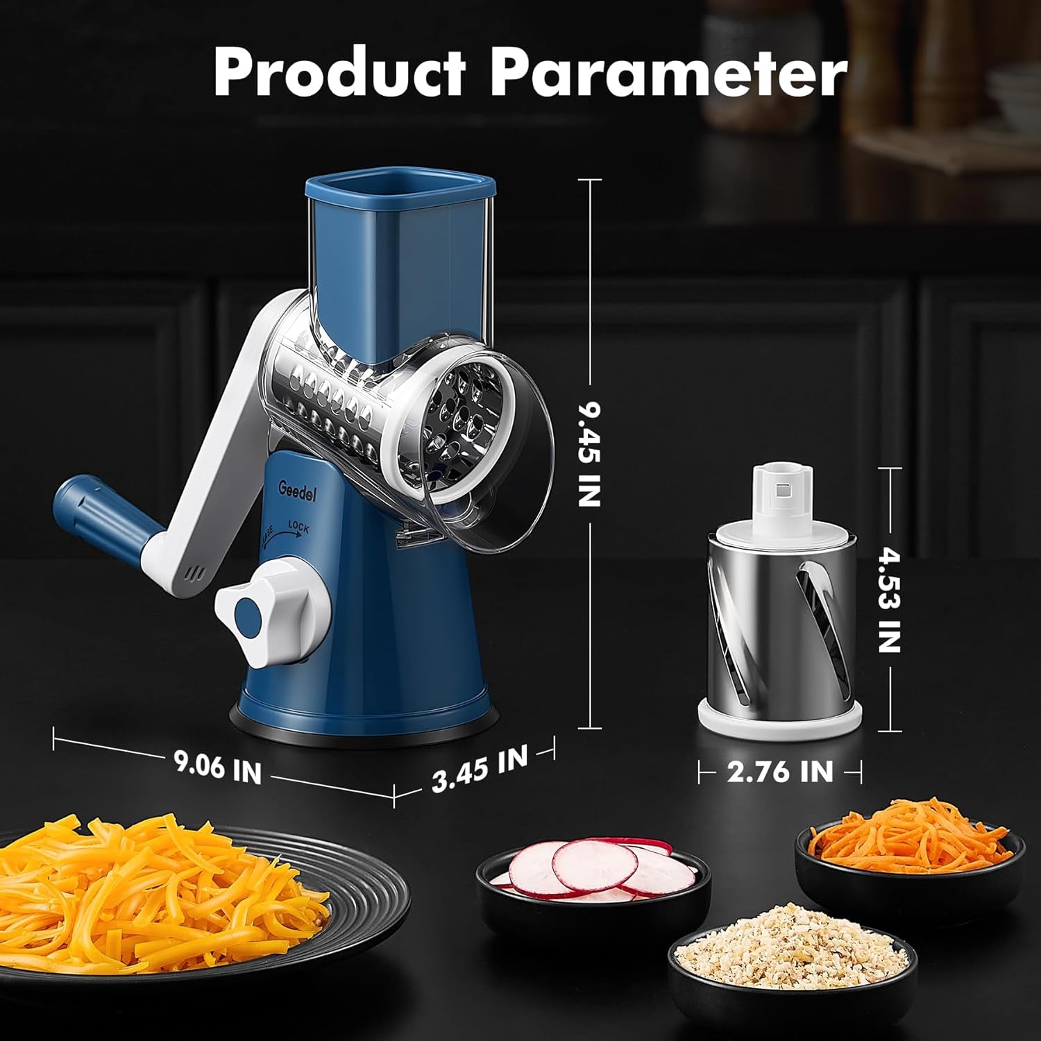 Rotary Cheese Grater, Kitchen Mandoline Vegetable Slicer with 3 Interchangeable Blades, Easy to Clean Rotary Grater Slicer for Cheese, Vegetables, Nuts