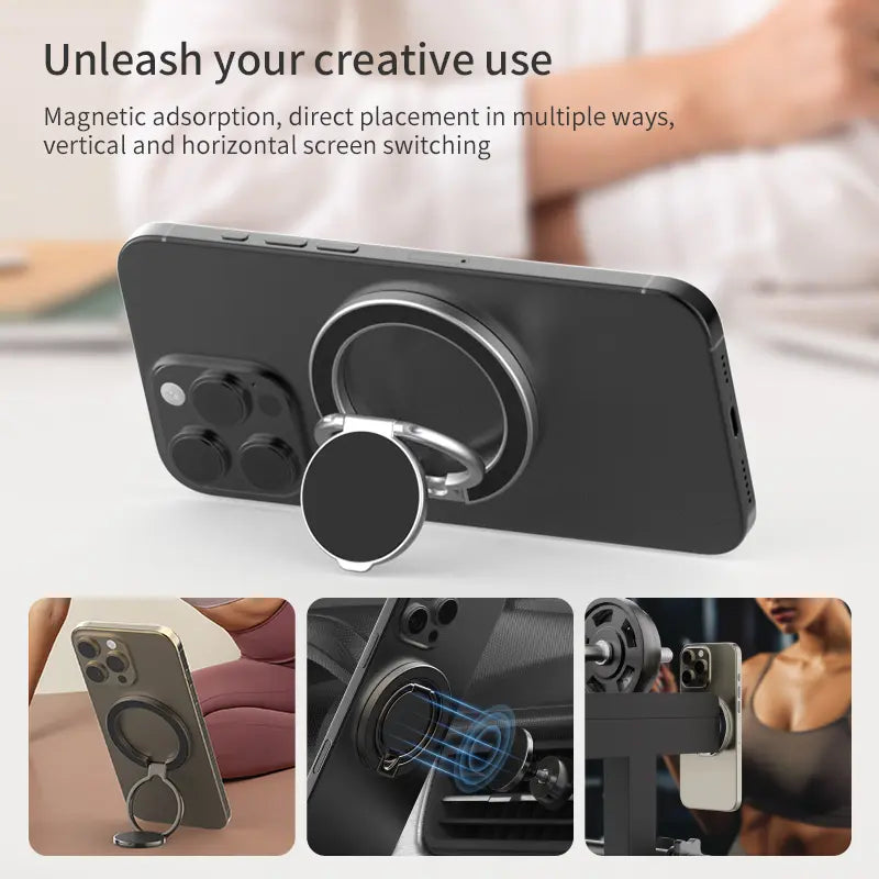 Magnetic Metal Phone Ring Holder/Grip & Stand 360° Rotation & Foldable Design, All-In-One Multi Use Perfect for Car Navigation, Desk Work, Outdoor Travel, Workout & Viewing Sturdy, Portable with Strong Magnetic Ring