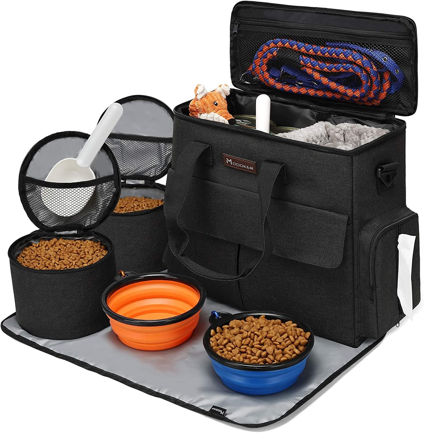 Dog Travel Bag - Comprehensive Travel Kit for Pets, Featuring Organizer, 2 Collapsible Bowls, and 2 Food Containers (Black)