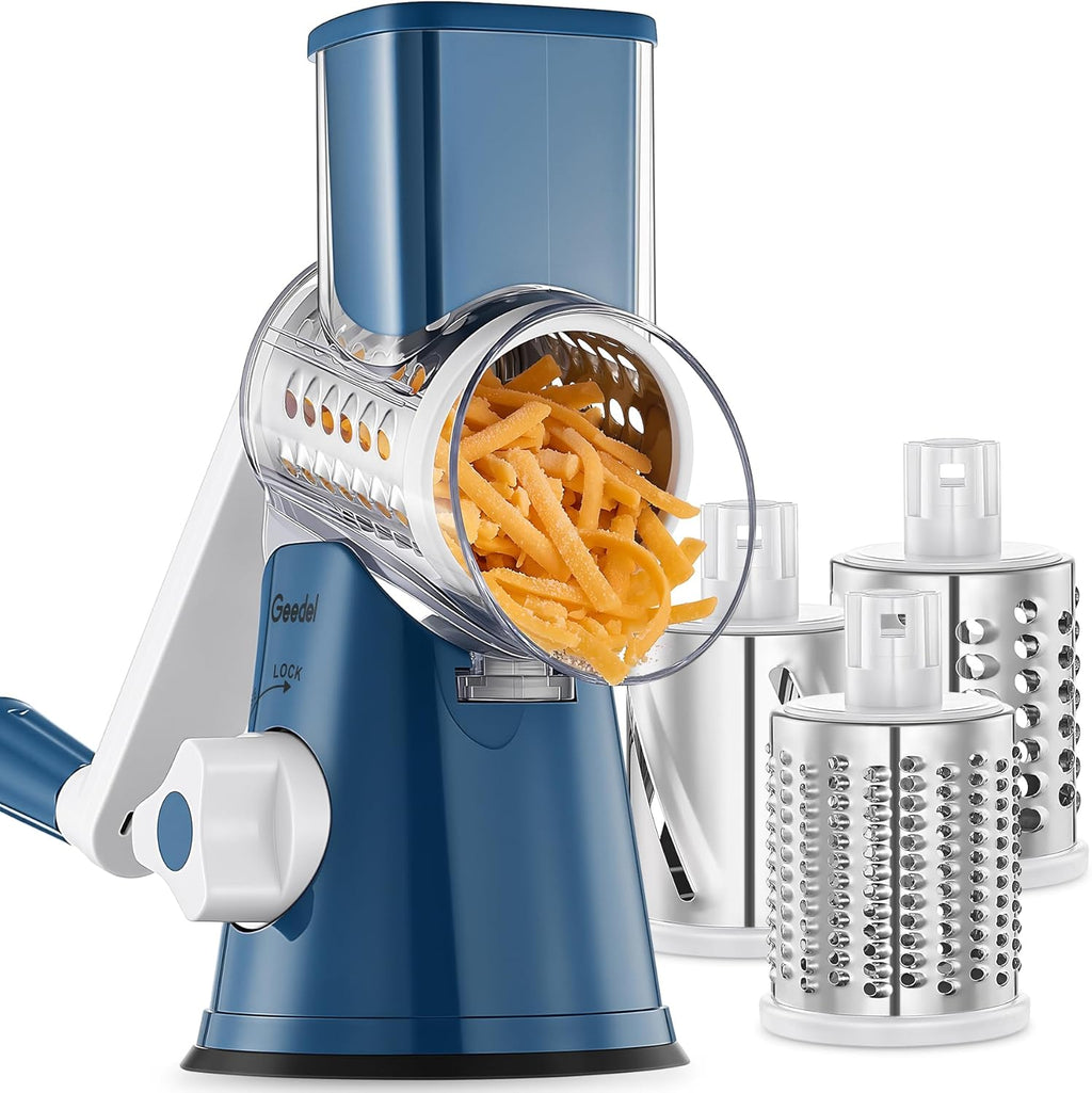 Rotary Cheese Grater, Kitchen Mandoline Vegetable Slicer with 3 Interchangeable Blades, Easy to Clean Rotary Grater Slicer for Cheese, Vegetables, Nuts