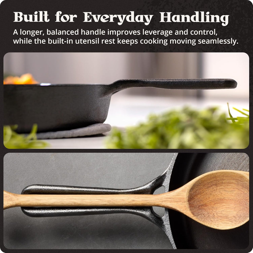10-Inch Cast Iron Skillet Frying Pan – Milled Smooth Cast Iron Cooking Surface, Organically Pre-Seasoned with Flaxseed Oil, Long Handle & Dual Pour Spouts for Better Control